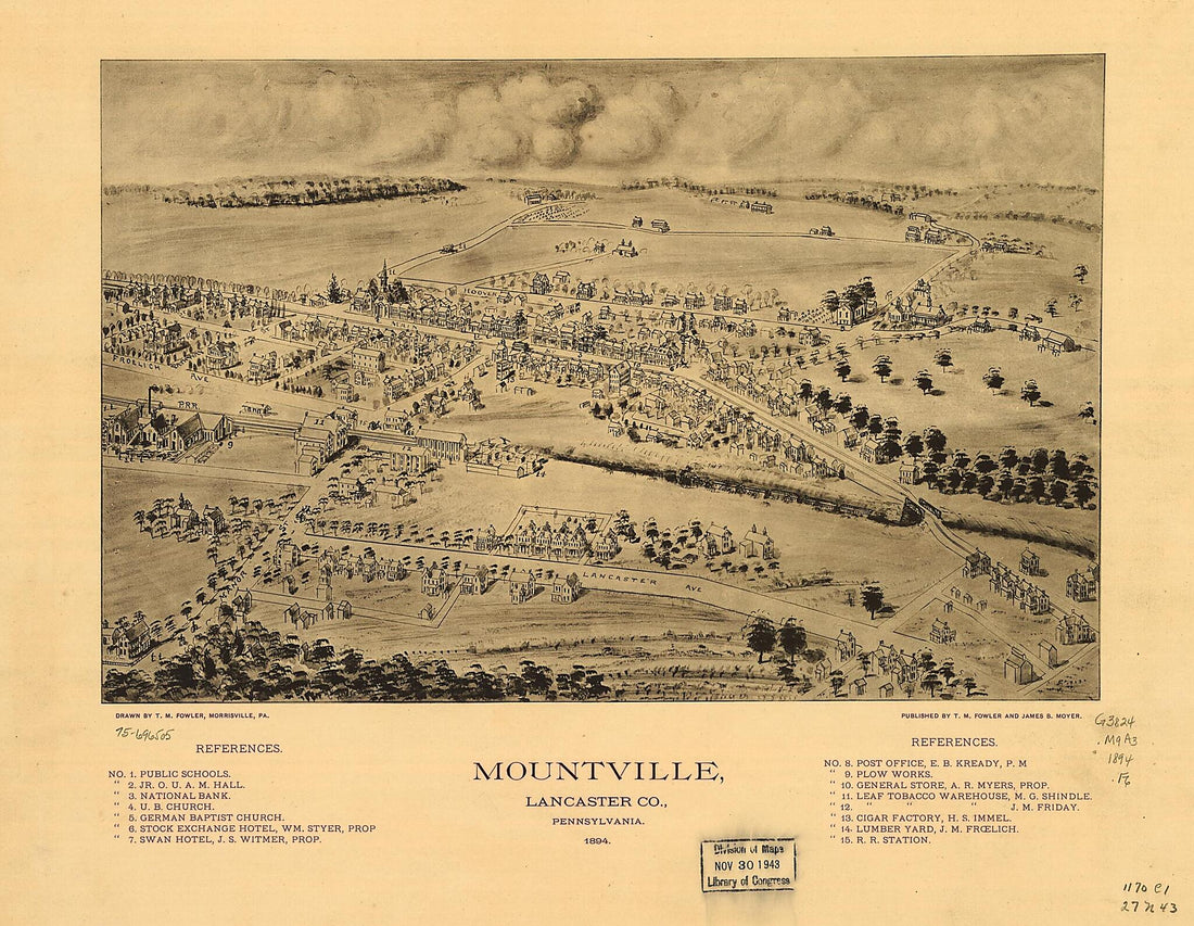 This old map of Mountville, Lancaster County, Pennsylvania from 1894 was created by T. M. (Thaddeus Mortimer) Fowler, James B. Moyer in 1894