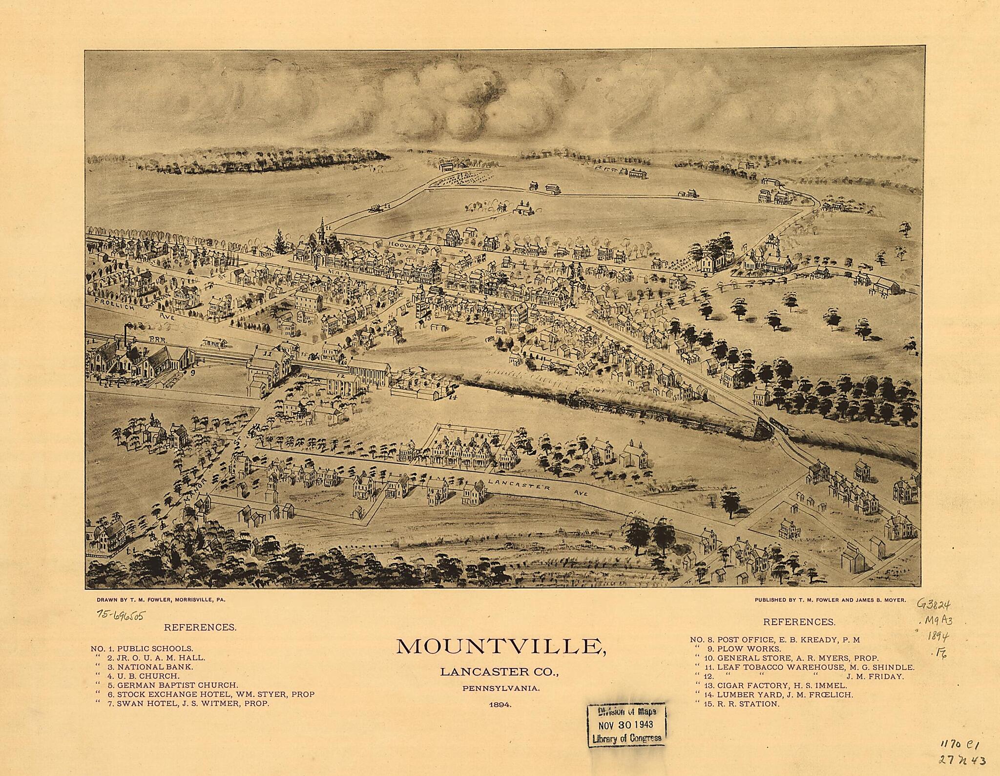 This old map of Mountville, Lancaster County, Pennsylvania from 1894 was created by T. M. (Thaddeus Mortimer) Fowler, James B. Moyer in 1894