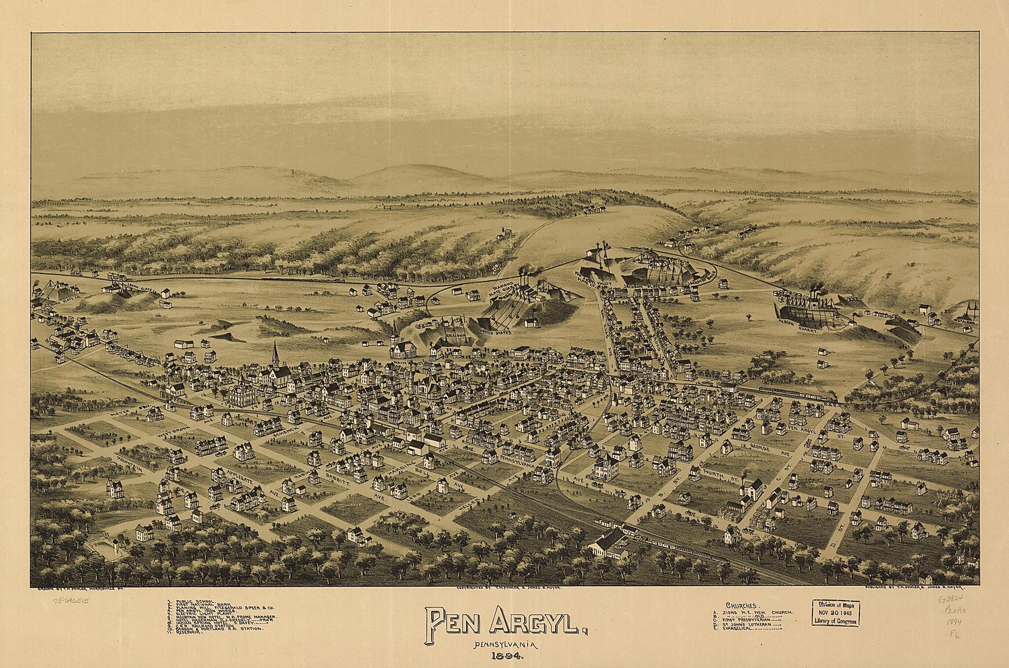 This old map of Pen Argyl, Pennsylvania from 1894 was created by T. M. (Thaddeus Mortimer) Fowler, James B. Moyer in 1894
