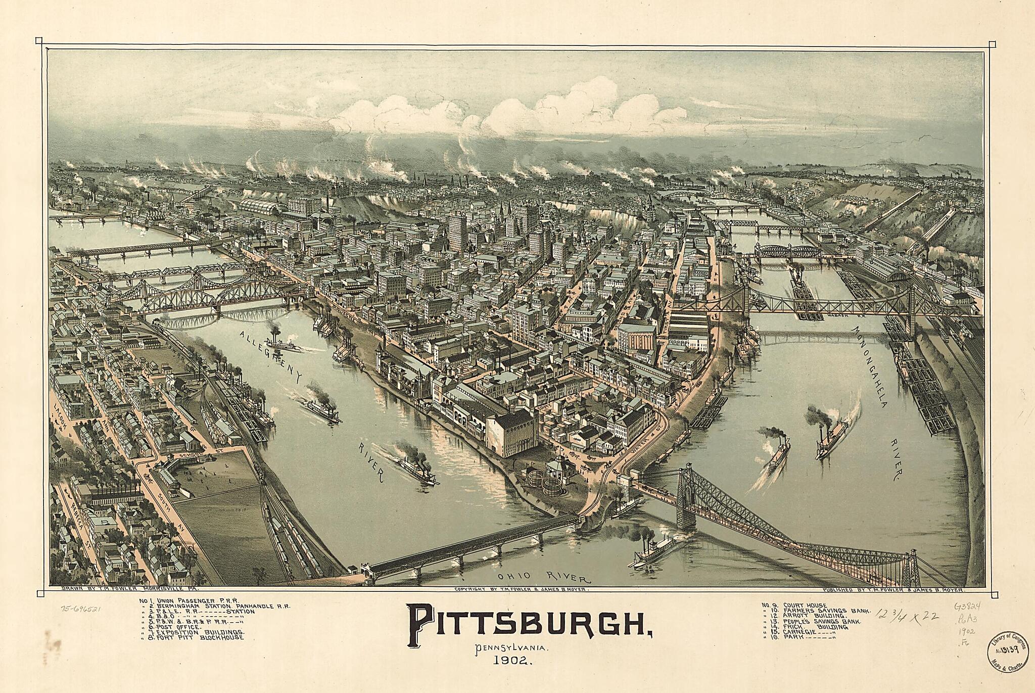 This old map of Pittsburgh, Pennsylvania from 1902 was created by T. M. (Thaddeus Mortimer) Fowler, James B. Moyer in 1902