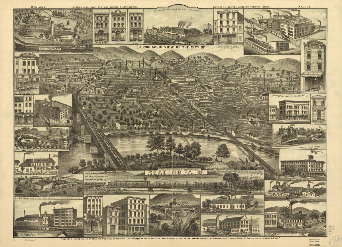 Topographic View of the City of Reading, Pennsylvania 1881 by Relic Map Company