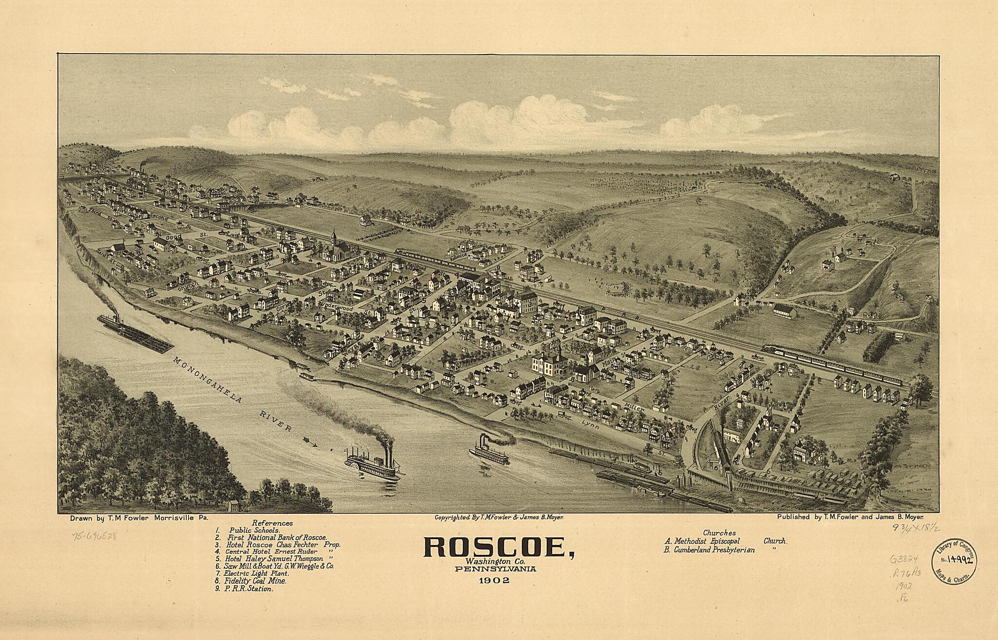This old map of Roscoe, Washington County, Pennsylvania from 1902 was created by T. M. (Thaddeus Mortimer) Fowler, James B. Moyer in 1902