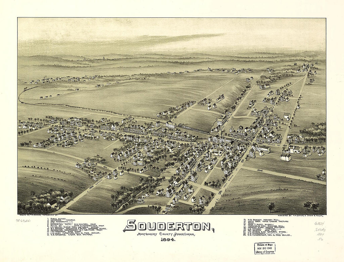 This old map of Souderton, Montgomery County, Pennsylvania from 1894 was created by T. M. (Thaddeus Mortimer) Fowler, James B. Moyer in 1894