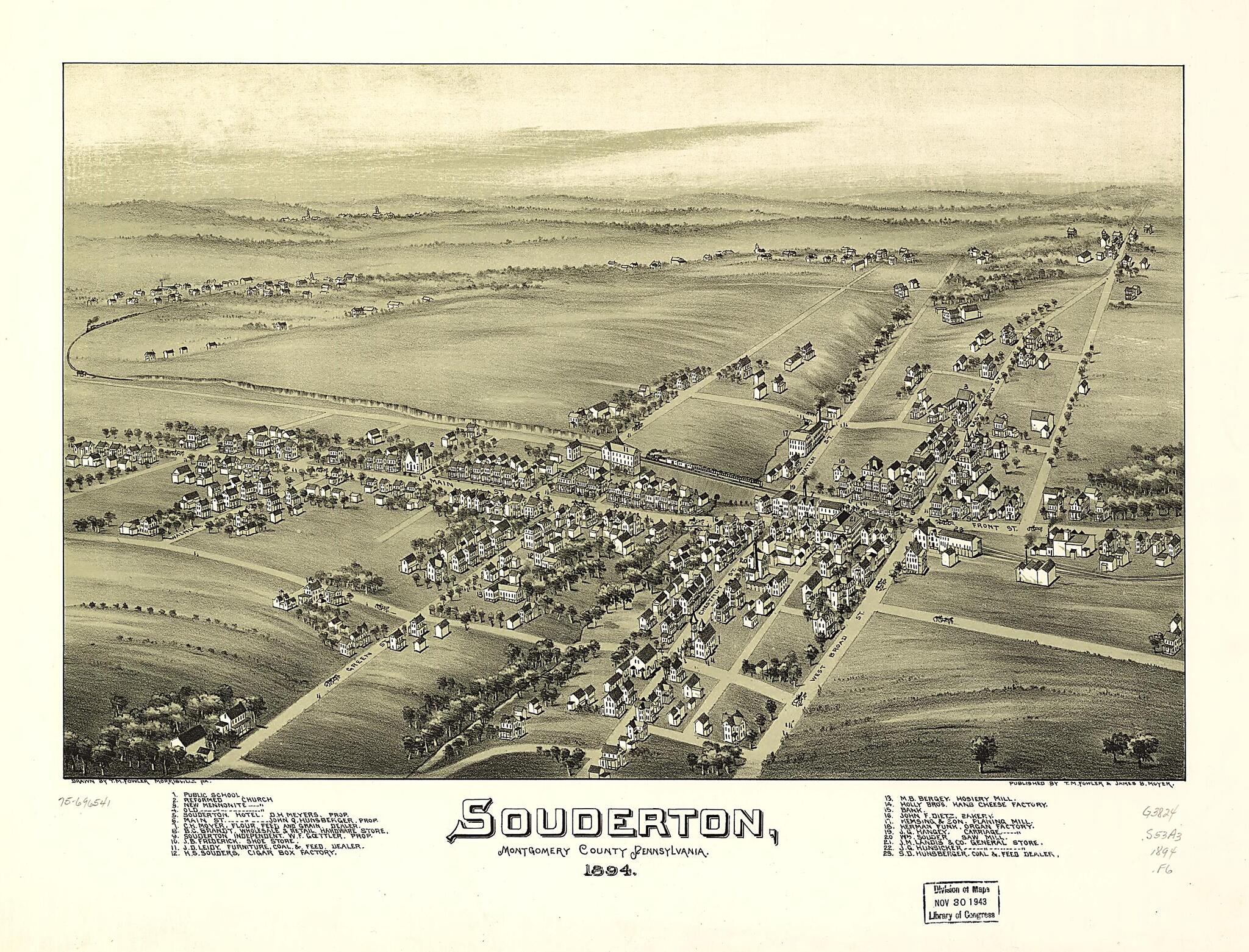 This old map of Souderton, Montgomery County, Pennsylvania from 1894 was created by T. M. (Thaddeus Mortimer) Fowler, James B. Moyer in 1894