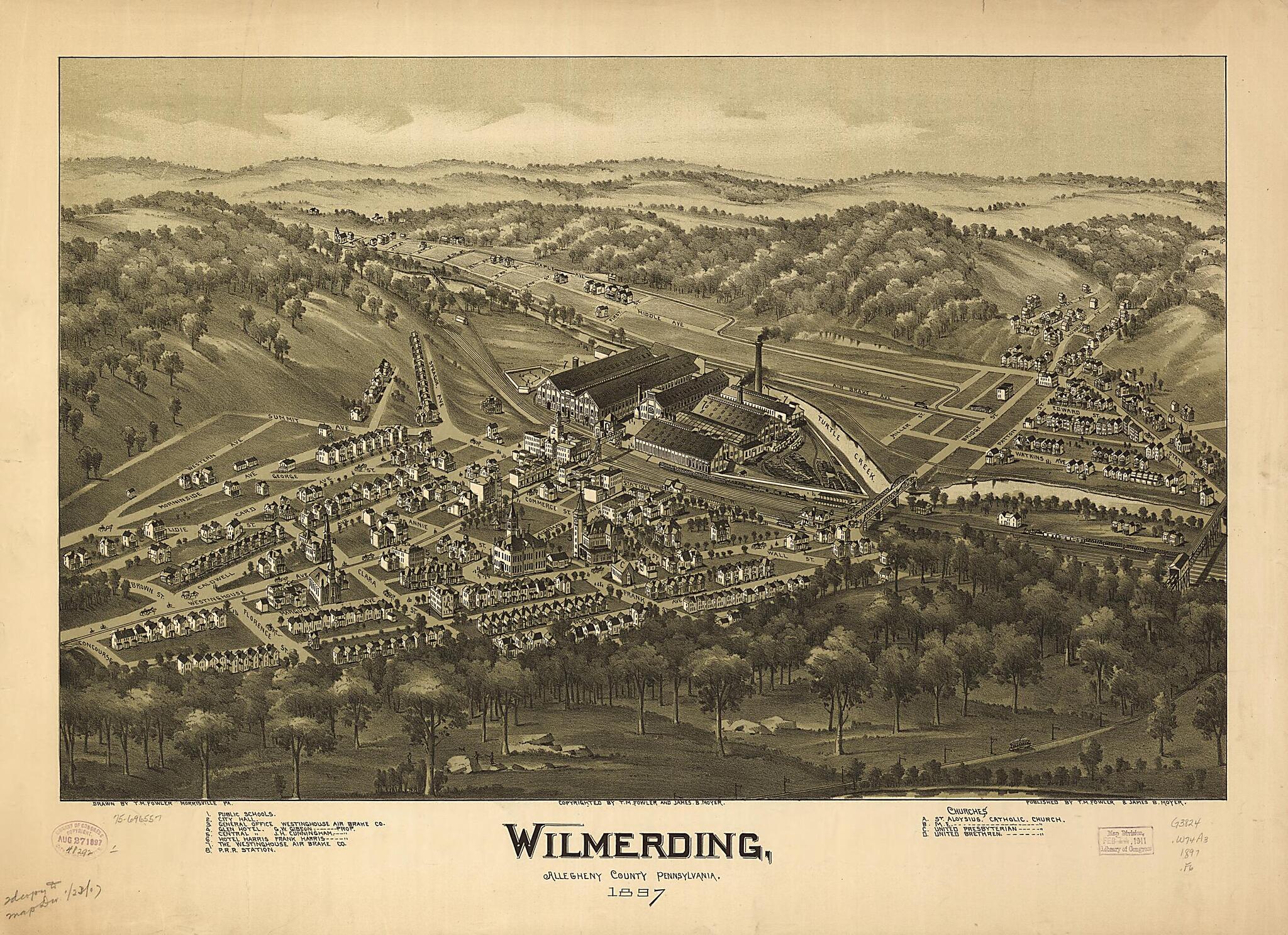 This old map of Wilmerding, Allegheny County, Pennsylvania from 1897 was created by T. M. (Thaddeus Mortimer) Fowler, James B. Moyer in 1897