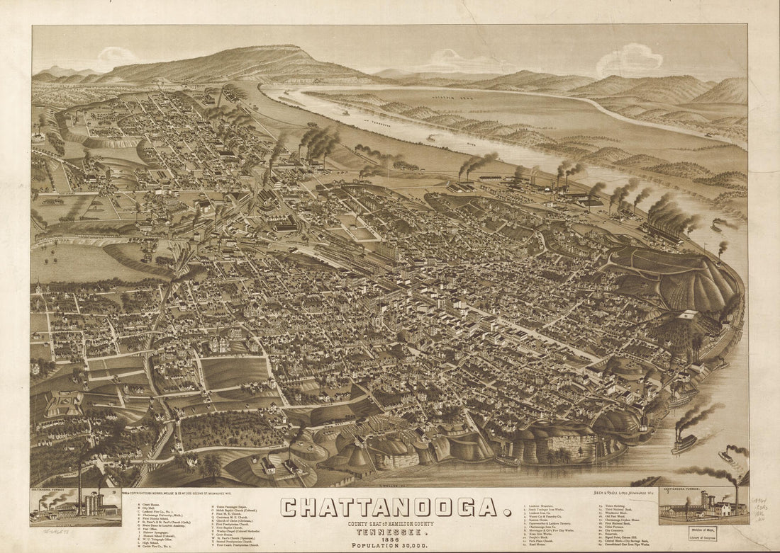 This old map of Chattanooga, County Seat of Hamilton County, Tennessee from 1886 was created by Beck & Pauli, Wellge & Co Norris, H. (Henry) Wellge in 1886