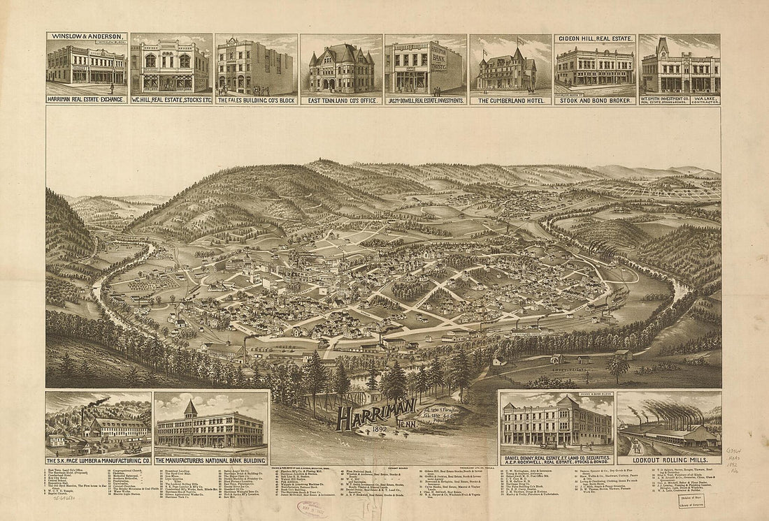 This old map of Harriman, Tennessee from 1892 was created by Burleigh Litho, George E. Norris in 1892