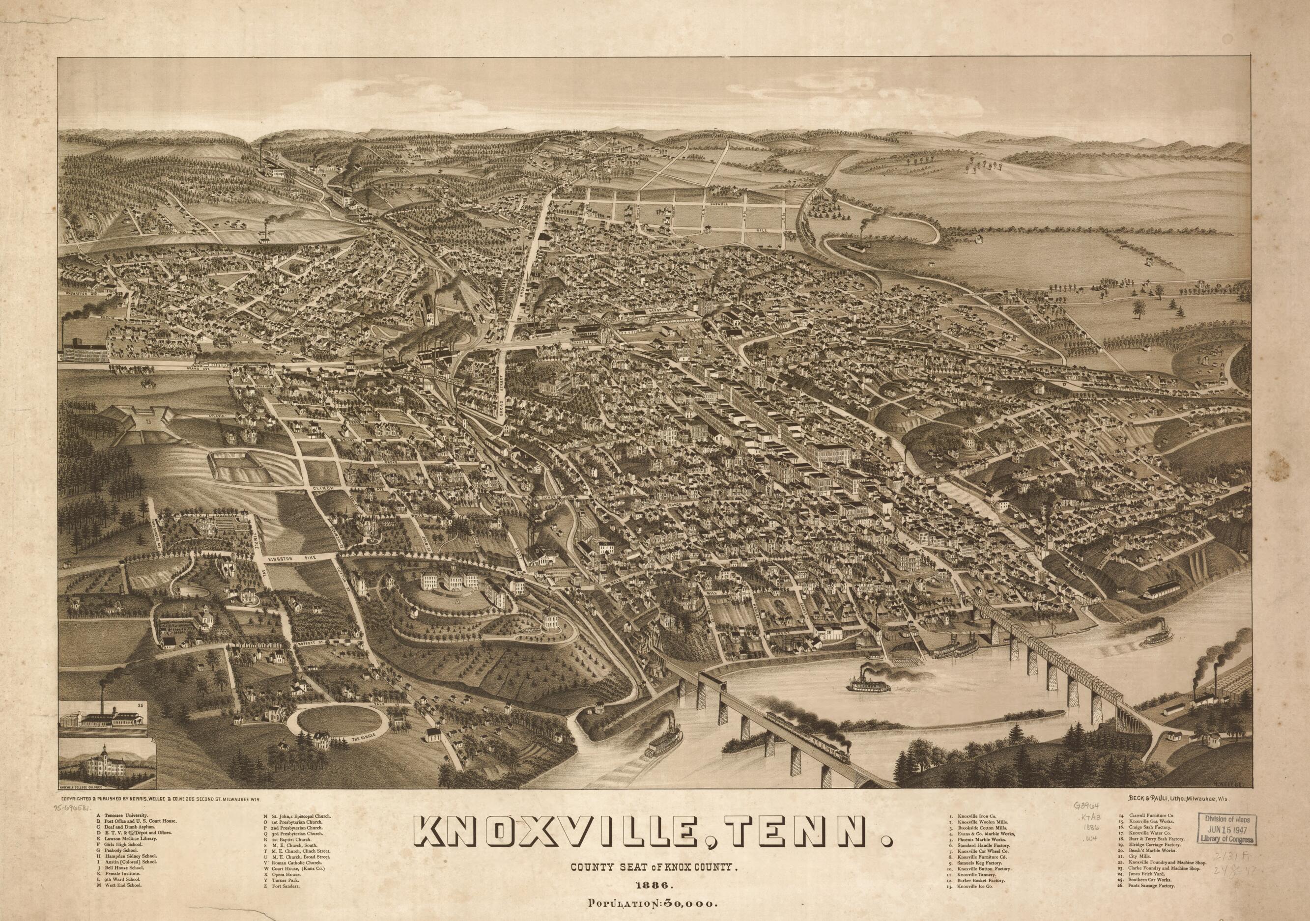 This old map of Knoxville, Tennessee County Seat of Knox County from 1886 was created by Beck & Pauli, Wellge & Co Norris, H. (Henry) Wellge in 1886