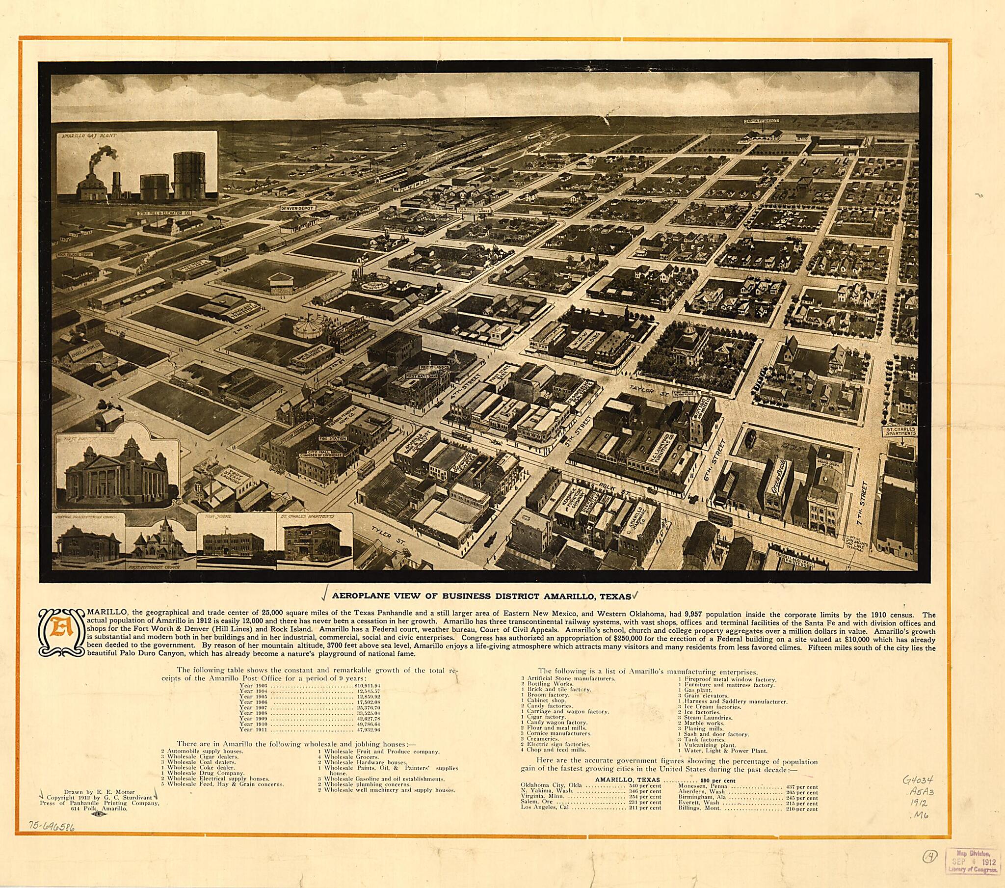 This old map of Aeroplane View of Business District Amarillo, Texas from 1912 was created by E. E. Motter, Panhandle Printing Company, G. C. Sturdivant in 1912