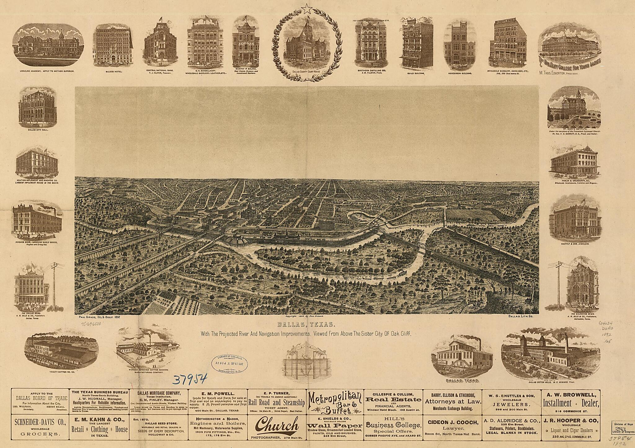 This old map of Dallas, Texas. With the Projected River and Navigation Improvements Viewed from Above the Sister City of Oak Cliff from 1892 was created by Dallas Lith. Co, Paul Giraud in 1892