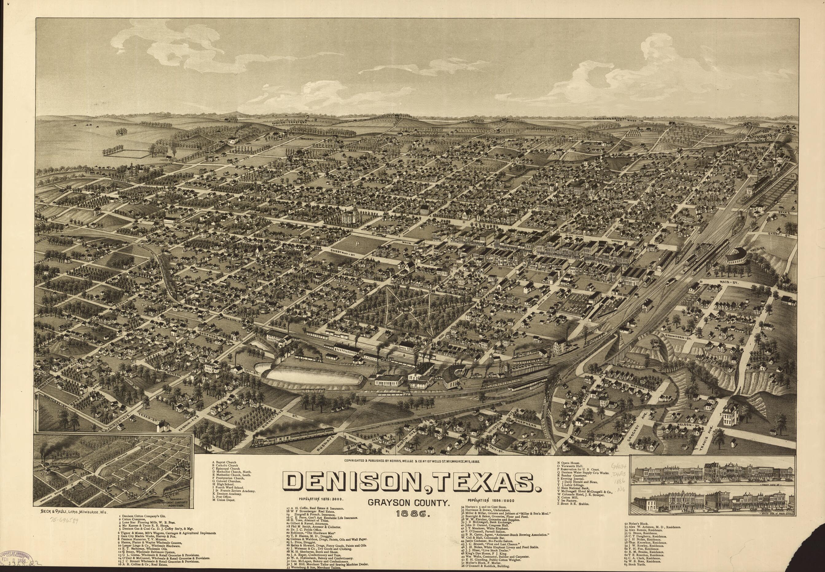 This old map of Denison, Texas, Grayson County from 1886 was created by Beck & Pauli, Wellge & Co Norris in 1886