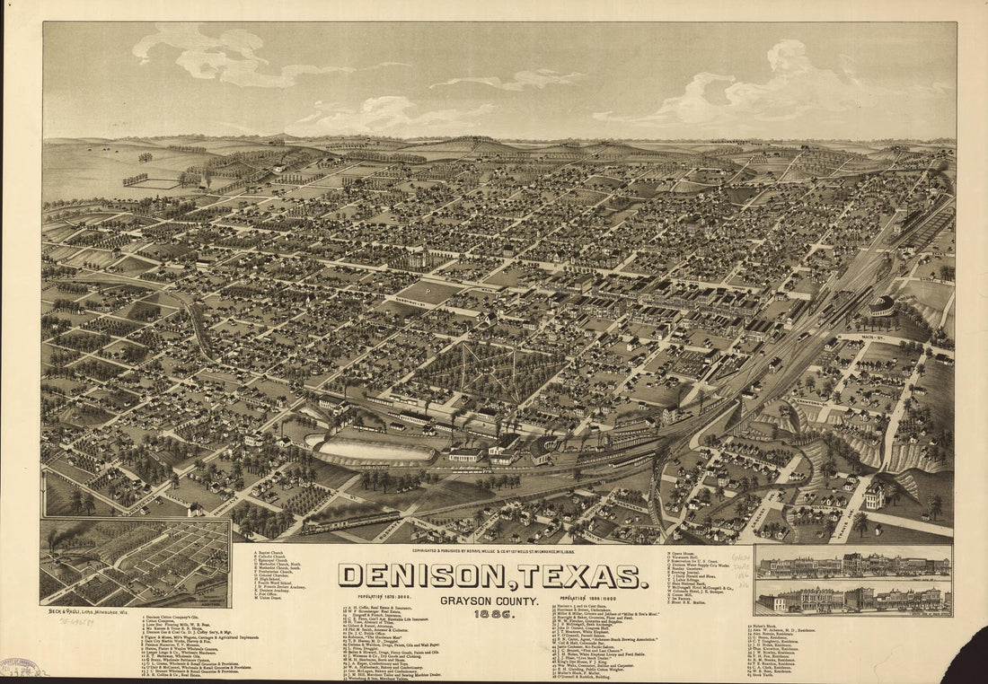 This old map of Denison, Texas, Grayson County from 1886 was created by Beck & Pauli, Wellge & Co Norris in 1886