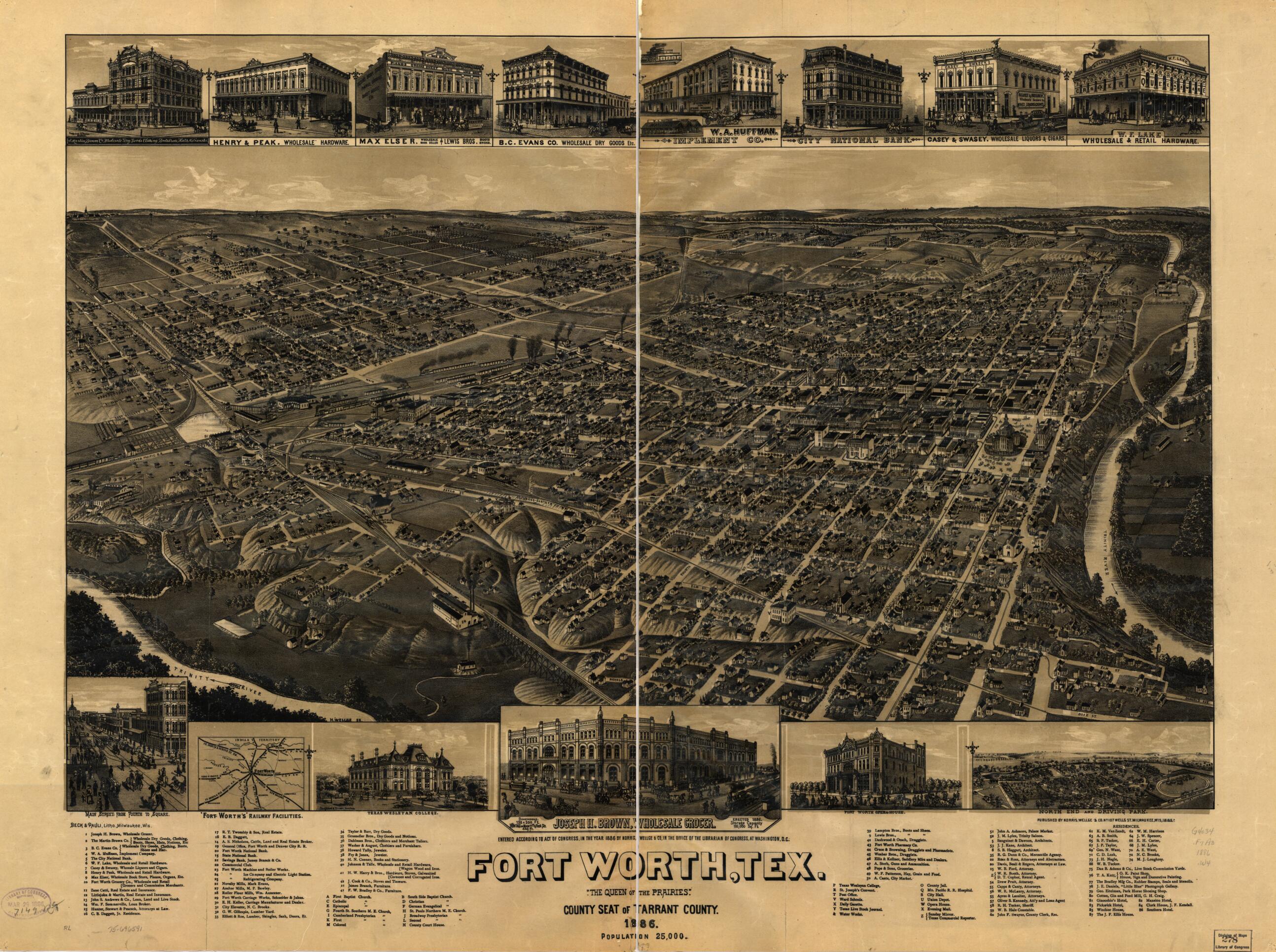 This old map of Fort Worth, Texas, The Queen of the Prairies, County Seat of Tarrant County from 1886 was created by Beck & Pauli, Wellge & Co Norris, H. (Henry) Wellge in 1886