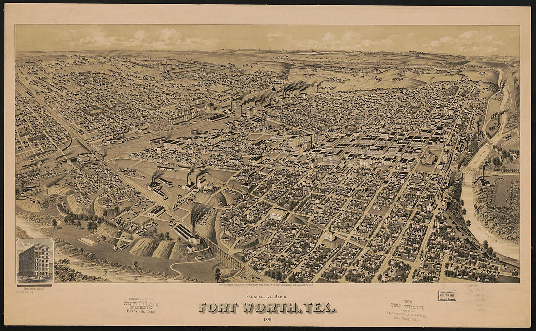 This old map of Perspective Map of Fort Worth, Texas from 1891 was created by Wis.) American Publishing Co. (Milwaukee, H. (Henry) Wellge in 1891