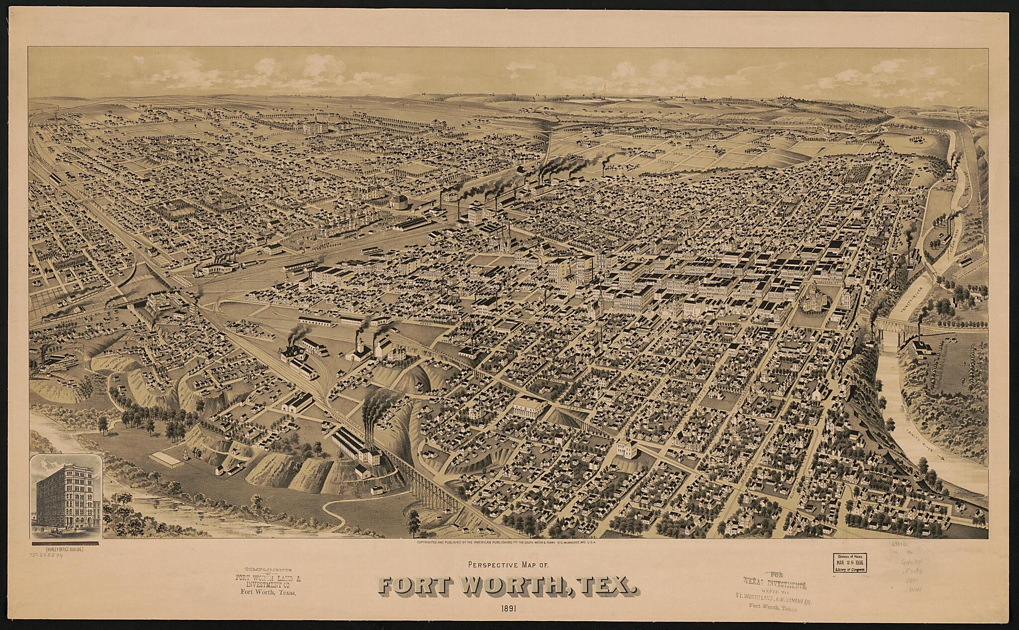 This old map of Perspective Map of Fort Worth, Texas from 1891 was created by Wis.) American Publishing Co. (Milwaukee, H. (Henry) Wellge in 1891