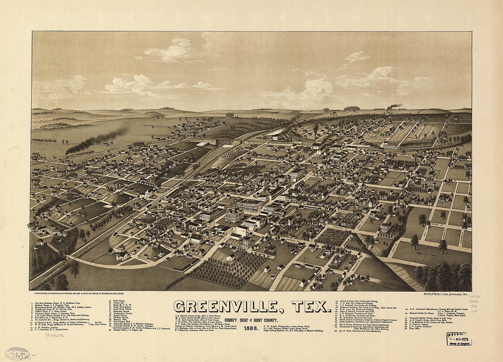 This old map of Greenville, Texas, County Seat of Hunt County from 1886 was created by Beck & Pauli, Wellge & Co Norris, H. (Henry) Wellge in 1886