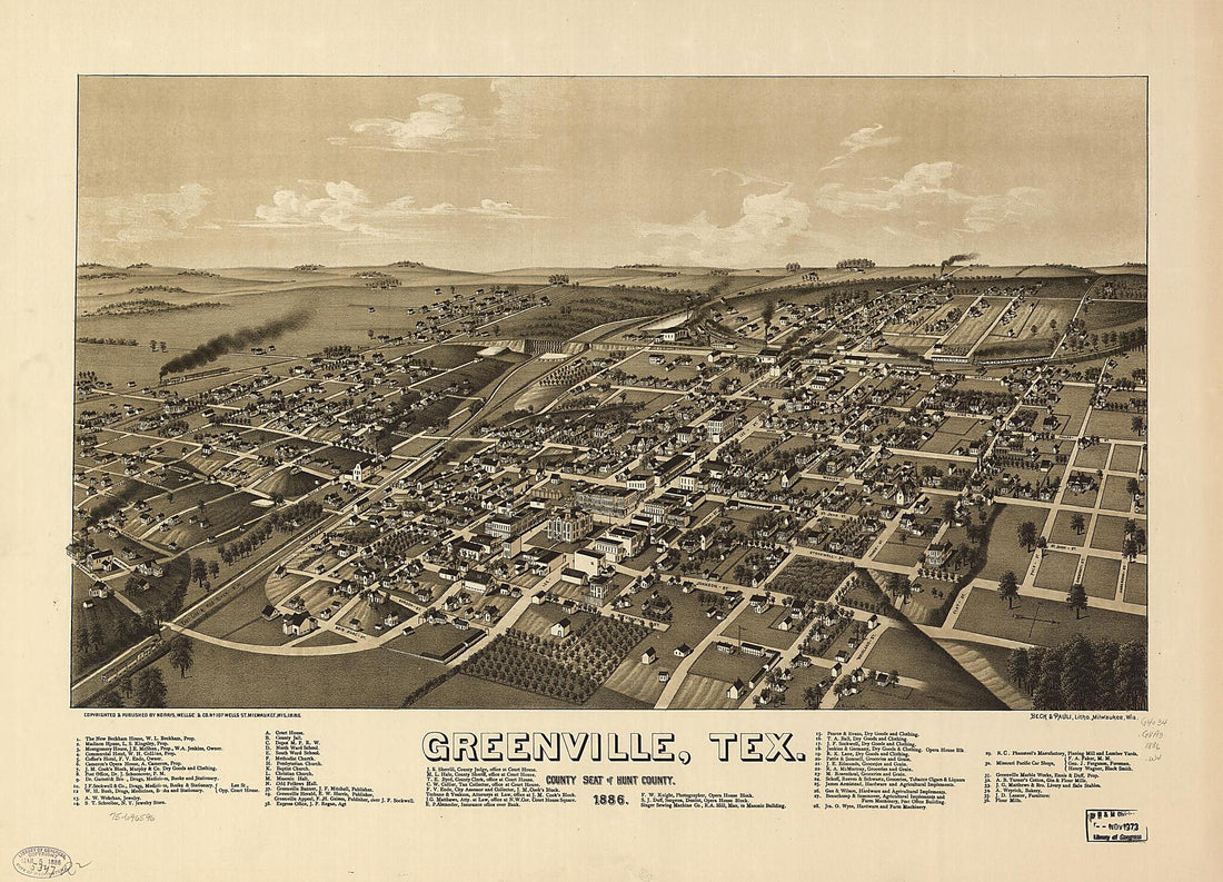 This old map of Greenville, Texas, County Seat of Hunt County from 1886 was created by Beck & Pauli, Wellge & Co Norris, H. (Henry) Wellge in 1886