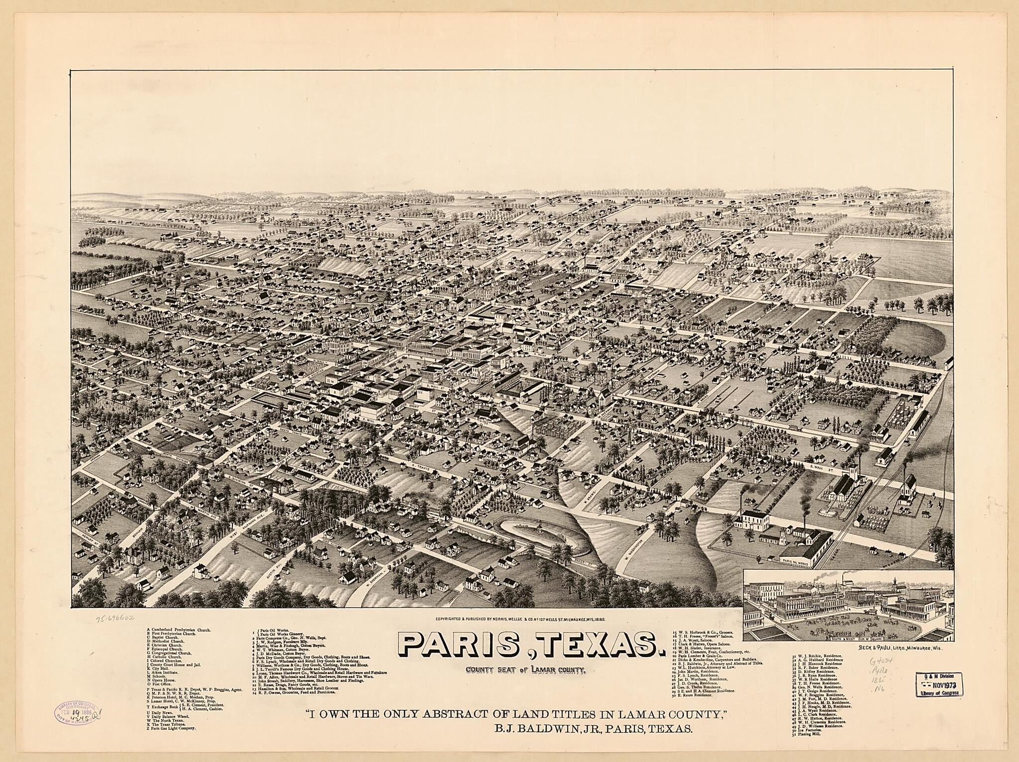 This old map of Paris, Texas, County Seat of Lamar County from 1885 was created by Beck & Pauli, Wellge & Co Norris in 1885