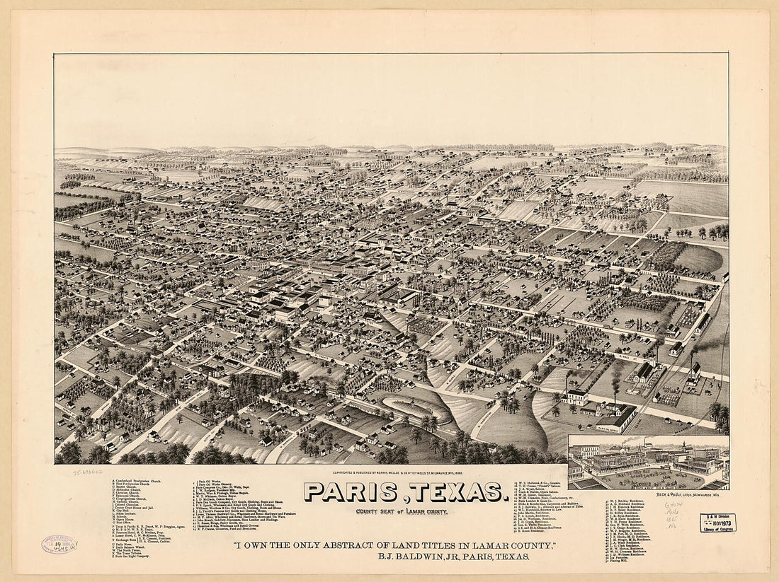 This old map of Paris, Texas, County Seat of Lamar County from 1885 was created by Beck & Pauli, Wellge & Co Norris in 1885