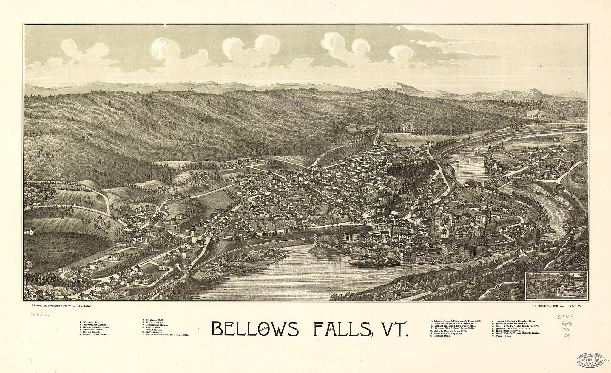 This old map of Bellows Falls, Vermont from 1886 was created by Burleigh Litho, L. R. (Lucien R.) Burleigh in 1886