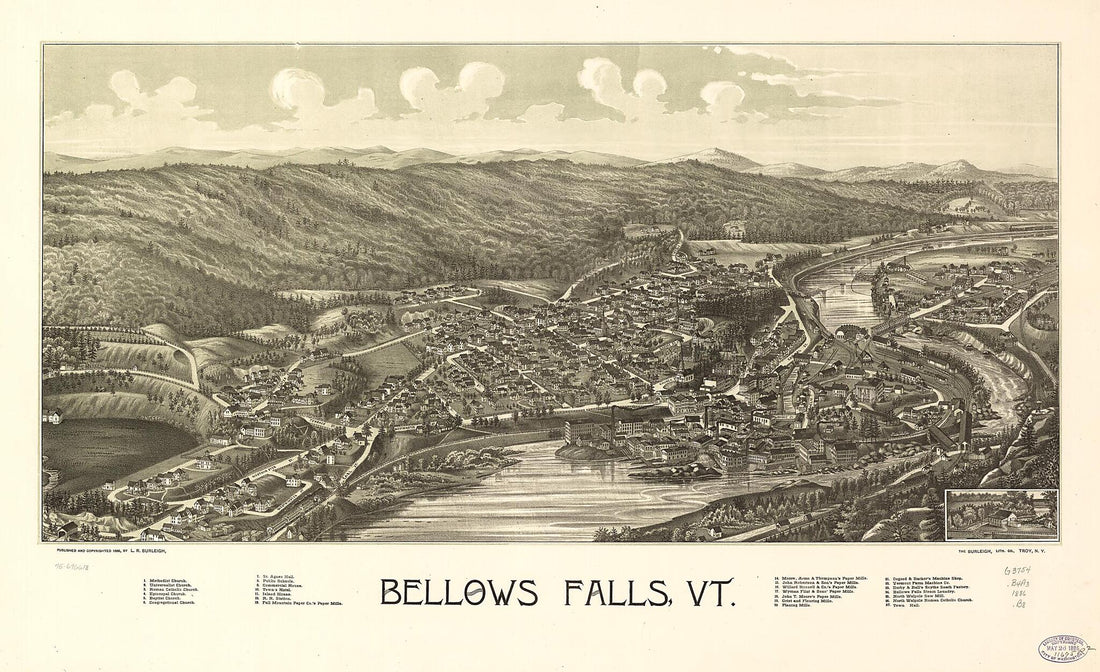 This old map of Bellows Falls, Vermont from 1886 was created by Burleigh Litho, L. R. (Lucien R.) Burleigh in 1886
