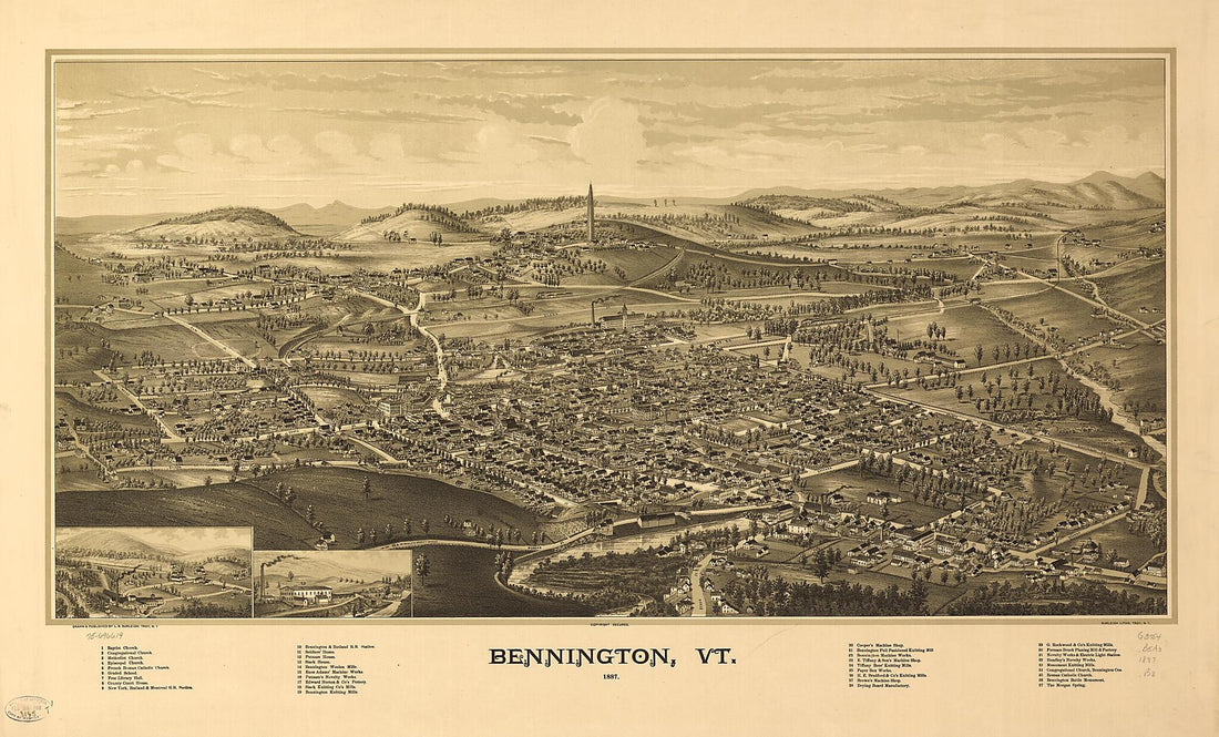 This old map of Bennington, Vermont from 1887 was created by Burleigh Litho, L. R. (Lucien R.) Burleigh in 1887