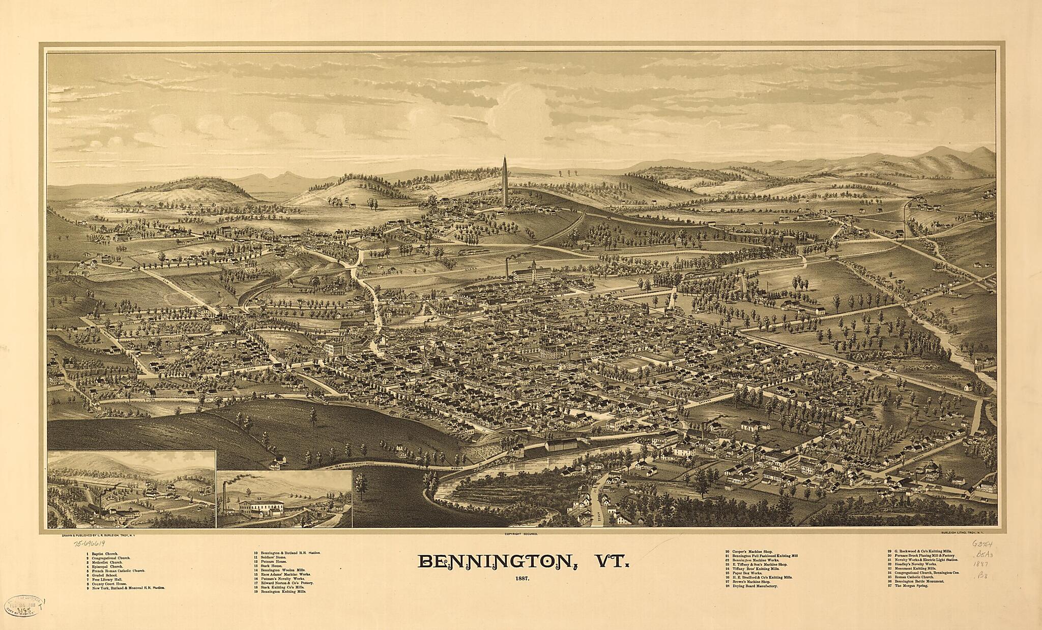 This old map of Bennington, Vermont from 1887 was created by Burleigh Litho, L. R. (Lucien R.) Burleigh in 1887
