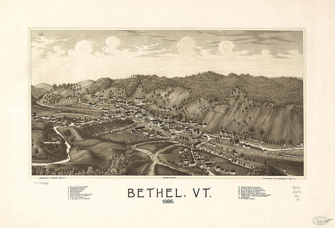 This old map of Bethel, Vermont from 1886 was created by Burleigh Litho, L. R. (Lucien R.) Burleigh in 1886