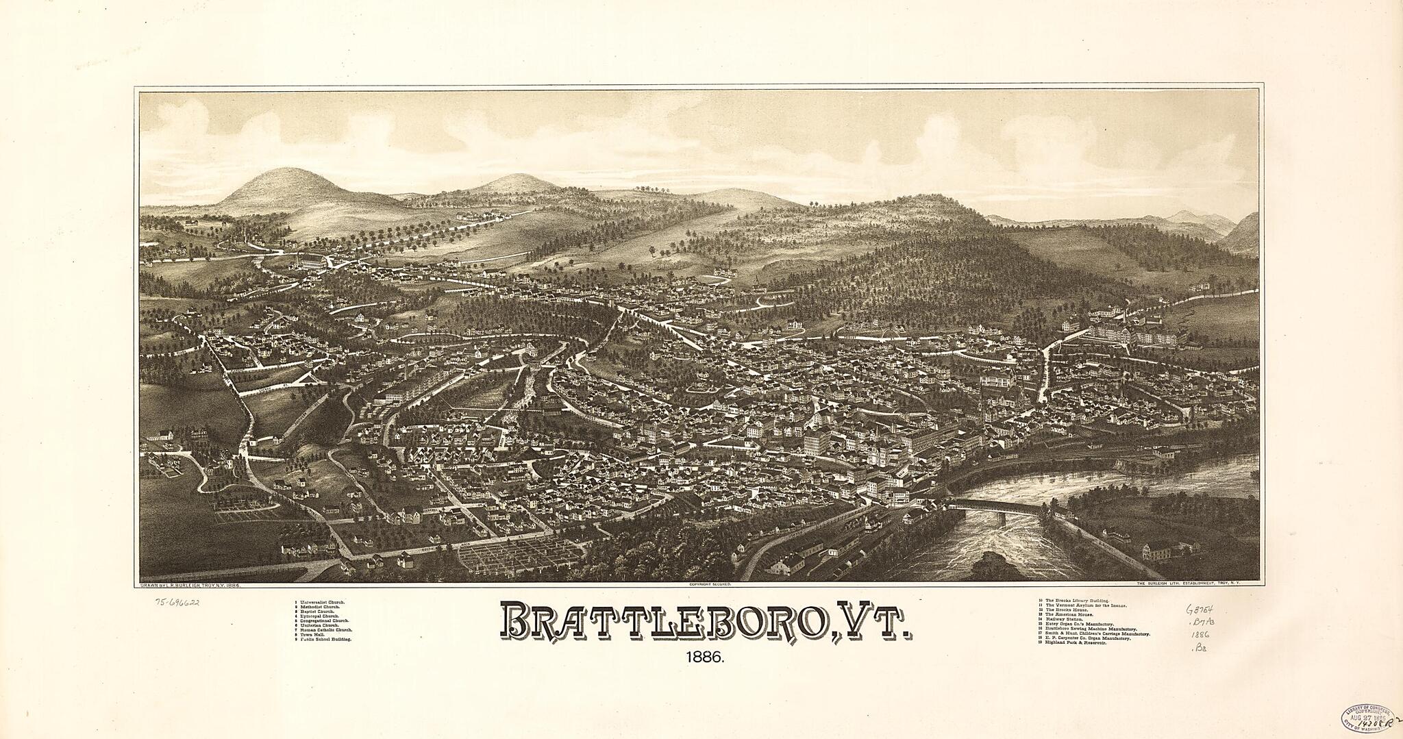 This old map of Brattleboro, Vermont from 1886 was created by Burleigh Litho, L. R. (Lucien R.) Burleigh in 1886