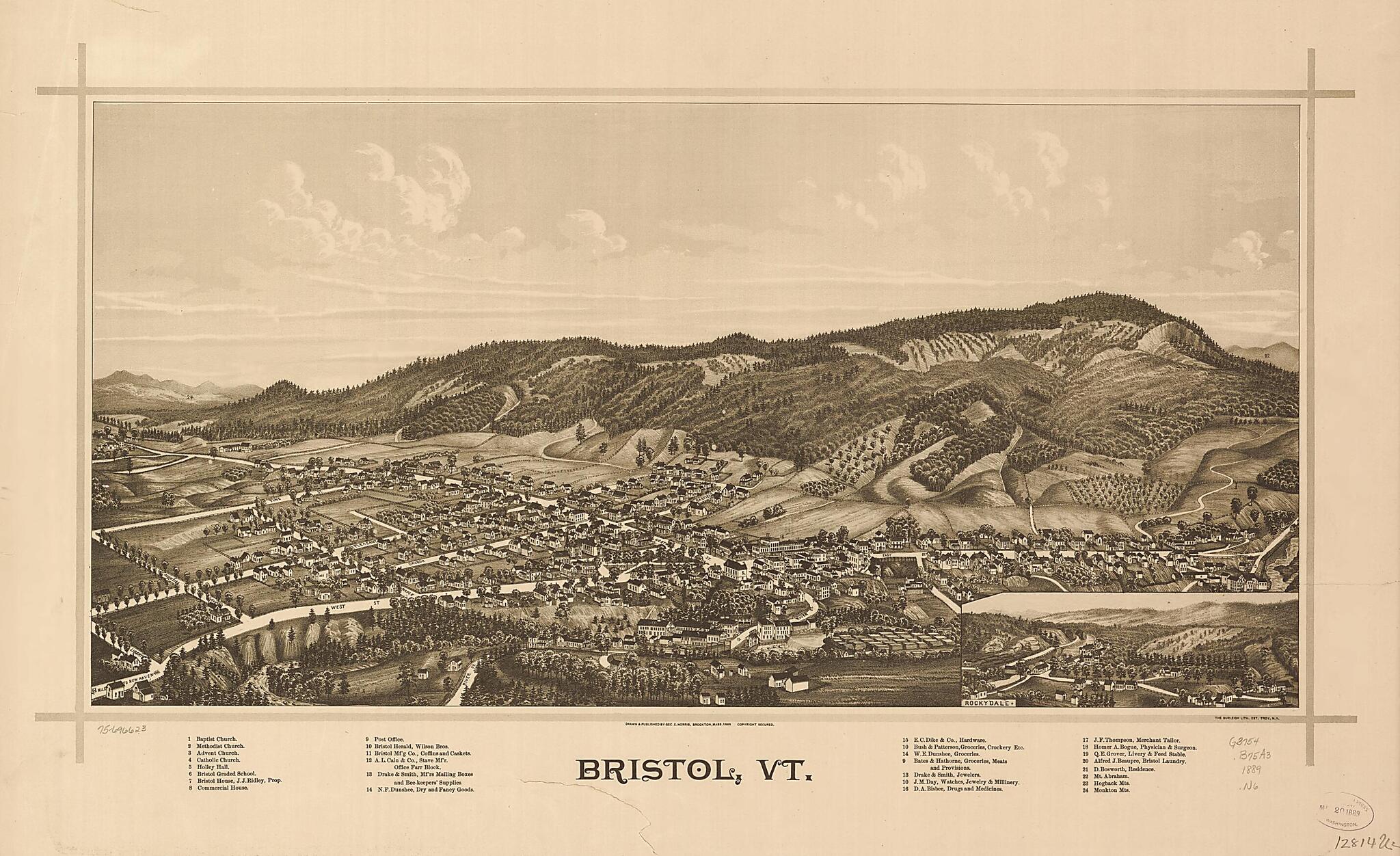 This old map of Bristol, Vermont from 1889 was created by Burleigh Lith, George E. Norris in 1889