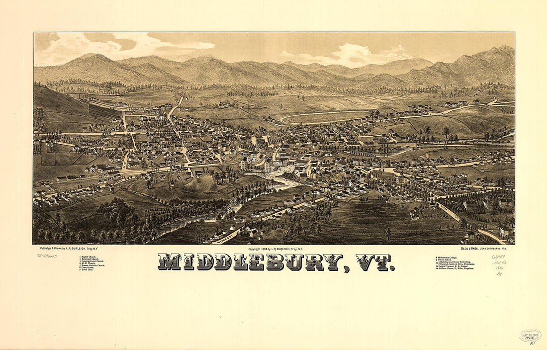 This old map of Middlebury, Vermont from 1886 was created by Beck & Pauli, L. R. (Lucien R.) Burleigh in 1886