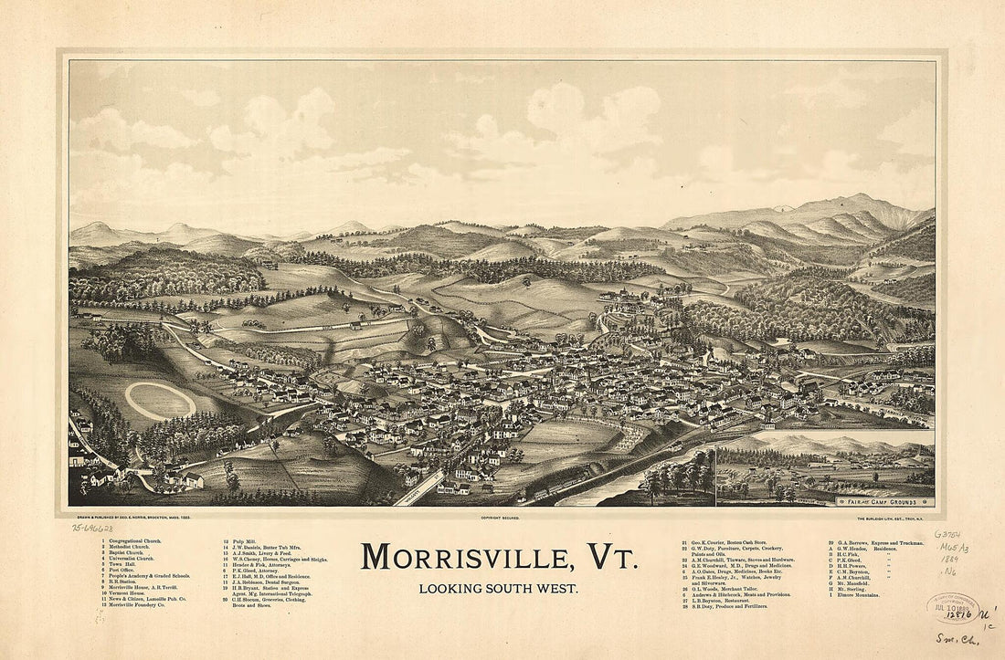 This old map of Morrisville, Vermont from 1889 was created by Burleigh Litho, George E. Norris in 1889