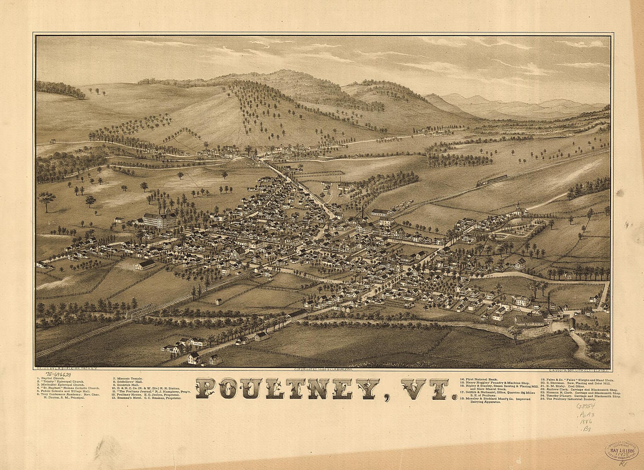 This old map of Poultney, Vermont from 1886 was created by L. R. (Lucien R.) Burleigh, C.H. Vogt & Son in 1886