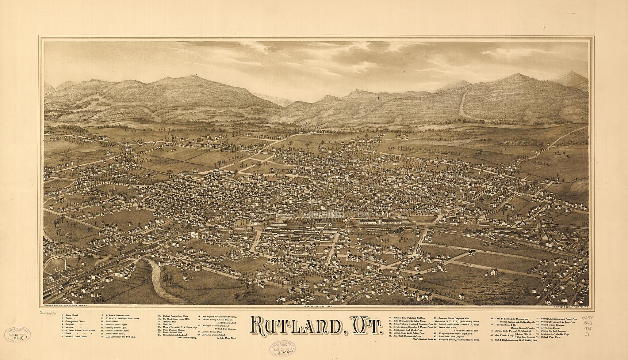 This old map of Rutland, Vermont from 1885 was created by L. R. (Lucien R.) Burleigh, C.H. Vogt & Son in 1885