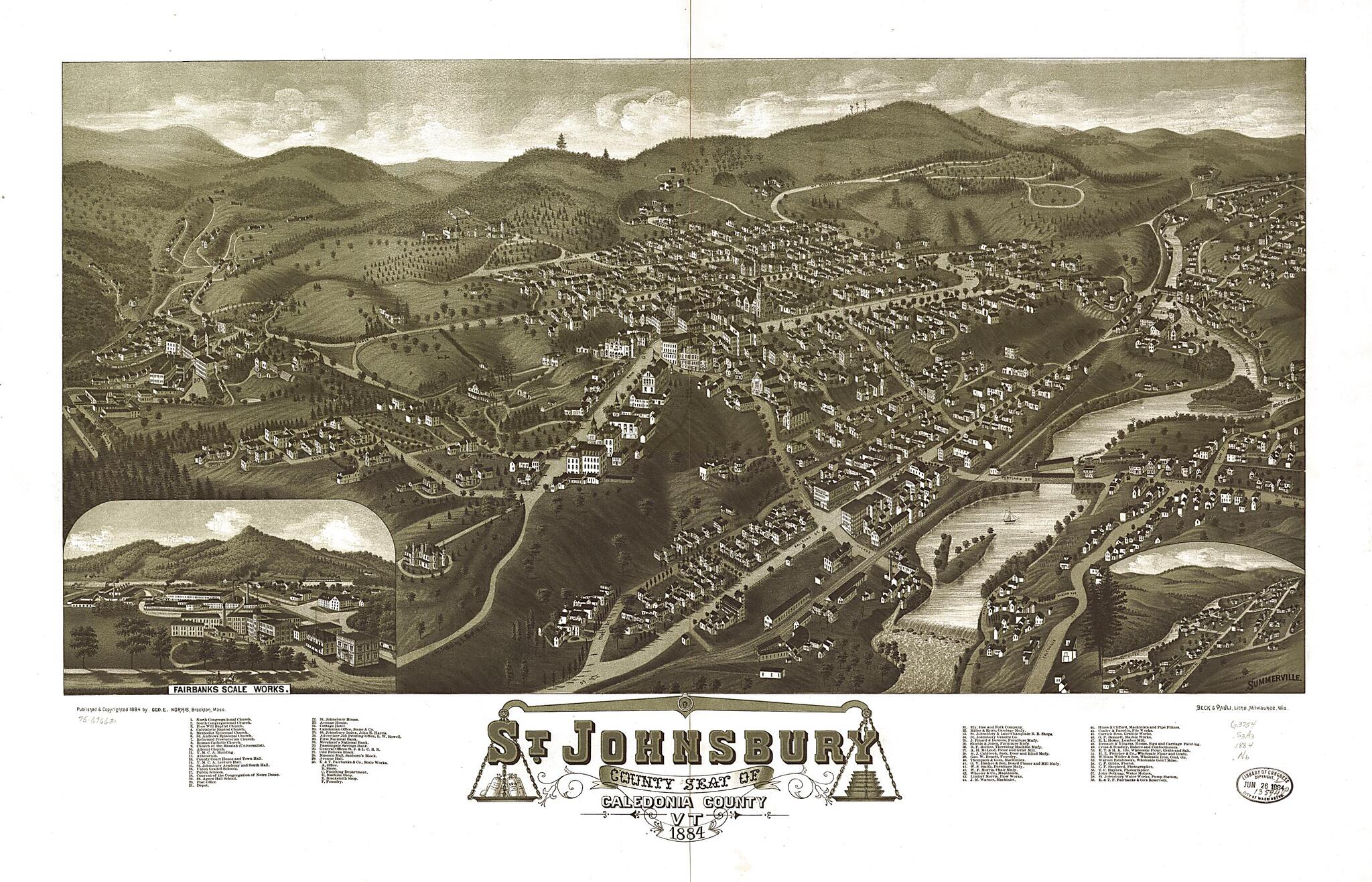 This old map of St. Johnsbury, County Seat of Caledonia County, Vermont from 1884 was created by Beck & Pauli, George E. Norris in 1884