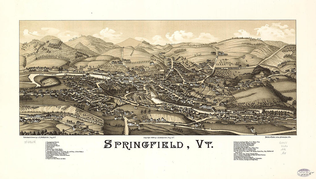 This old map of Springfield, Vermont from 1886 was created by Beck & Pauli, L. R. (Lucien R.) Burleigh in 1886