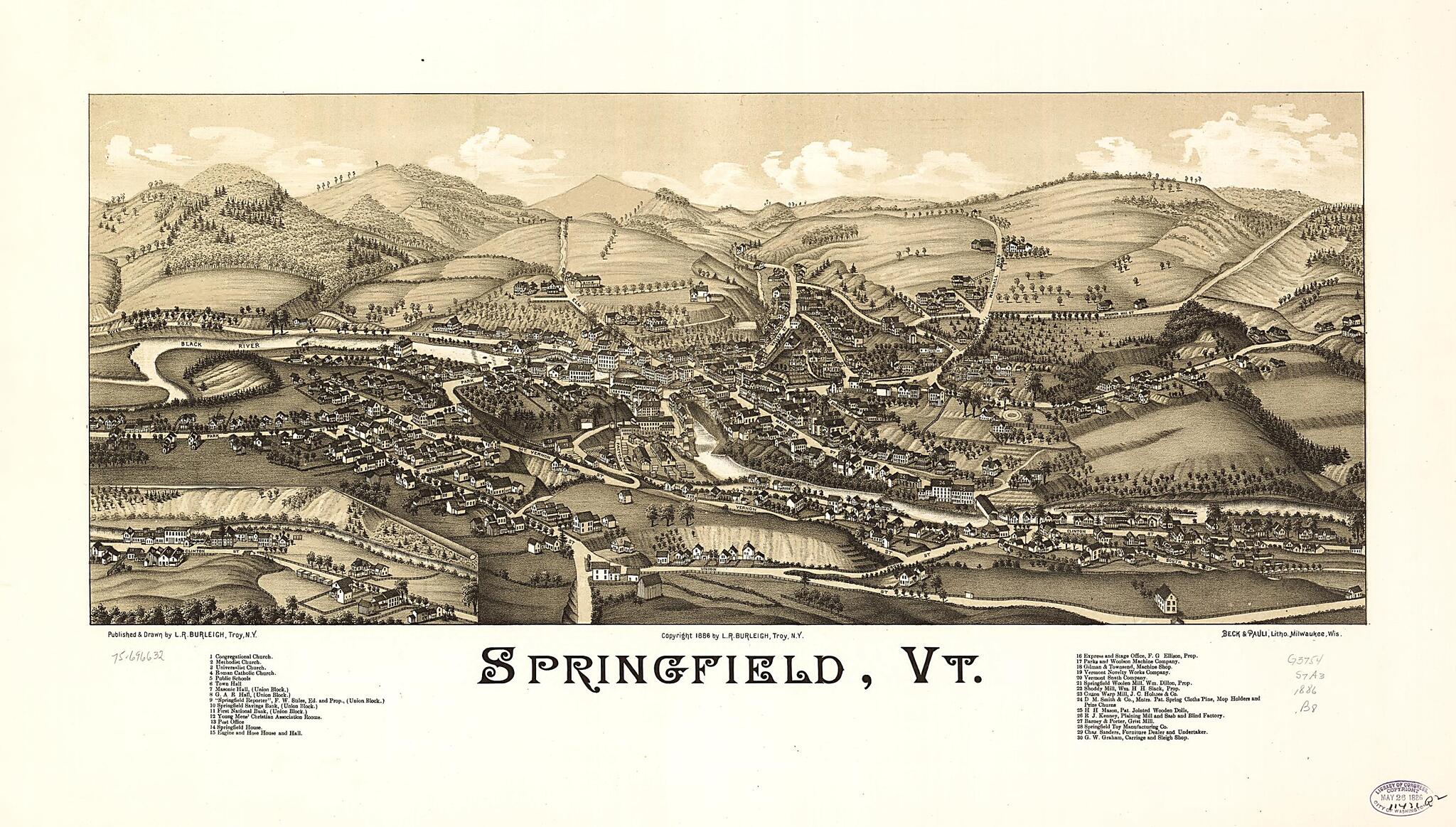 This old map of Springfield, Vermont from 1886 was created by Beck & Pauli, L. R. (Lucien R.) Burleigh in 1886