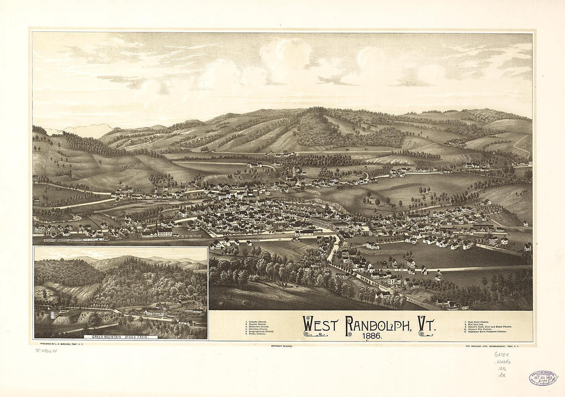 This old map of West Randolph, Vermont from 1886 was created by Burleigh Litho, L. R. (Lucien R.) Burleigh in 1886