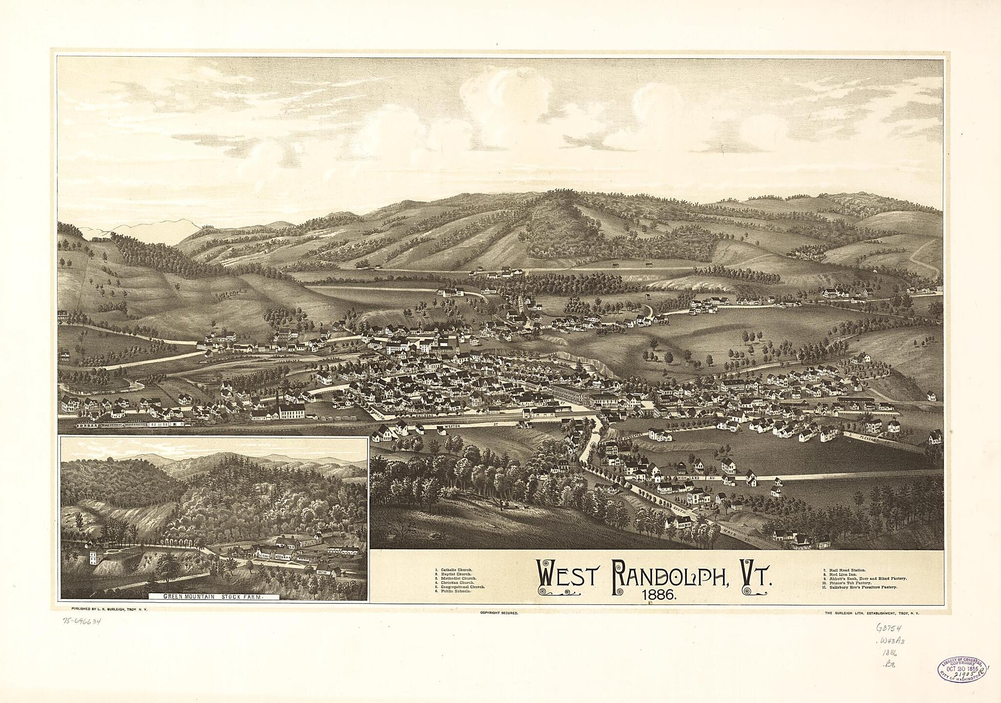 This old map of West Randolph, Vermont from 1886 was created by Burleigh Litho, L. R. (Lucien R.) Burleigh in 1886