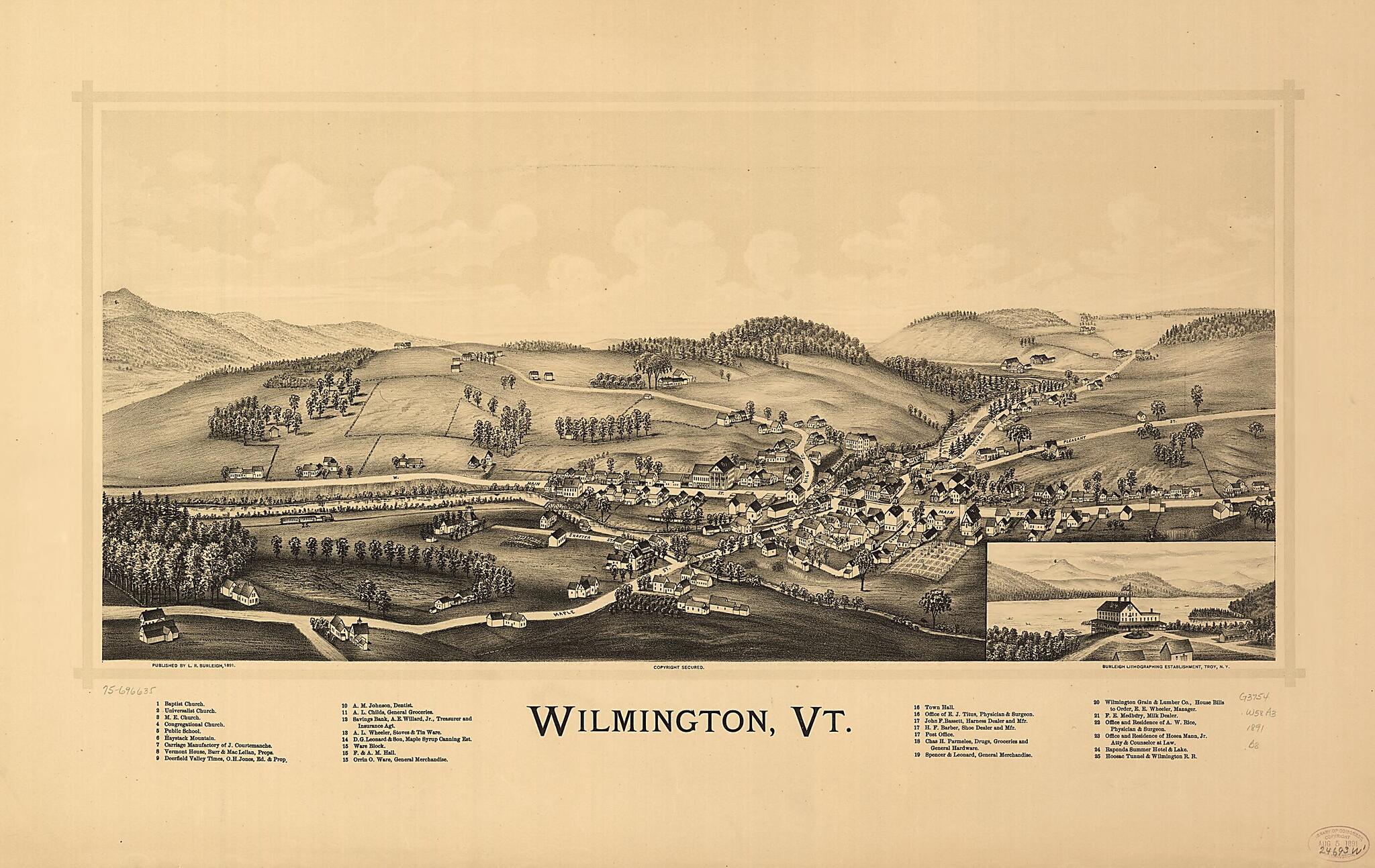 This old map of Wilmington, Vermont from 1891 was created by Burleigh Litho, L. R. (Lucien R.) Burleigh in 1891
