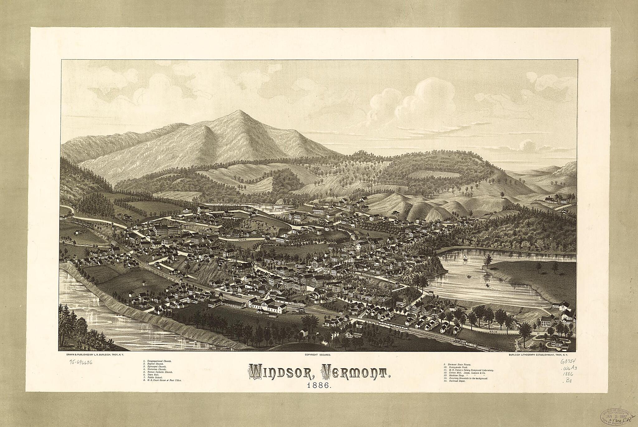 This old map of Windsor, Vermont from 1886 was created by Burleigh Litho, L. R. (Lucien R.) Burleigh in 1886