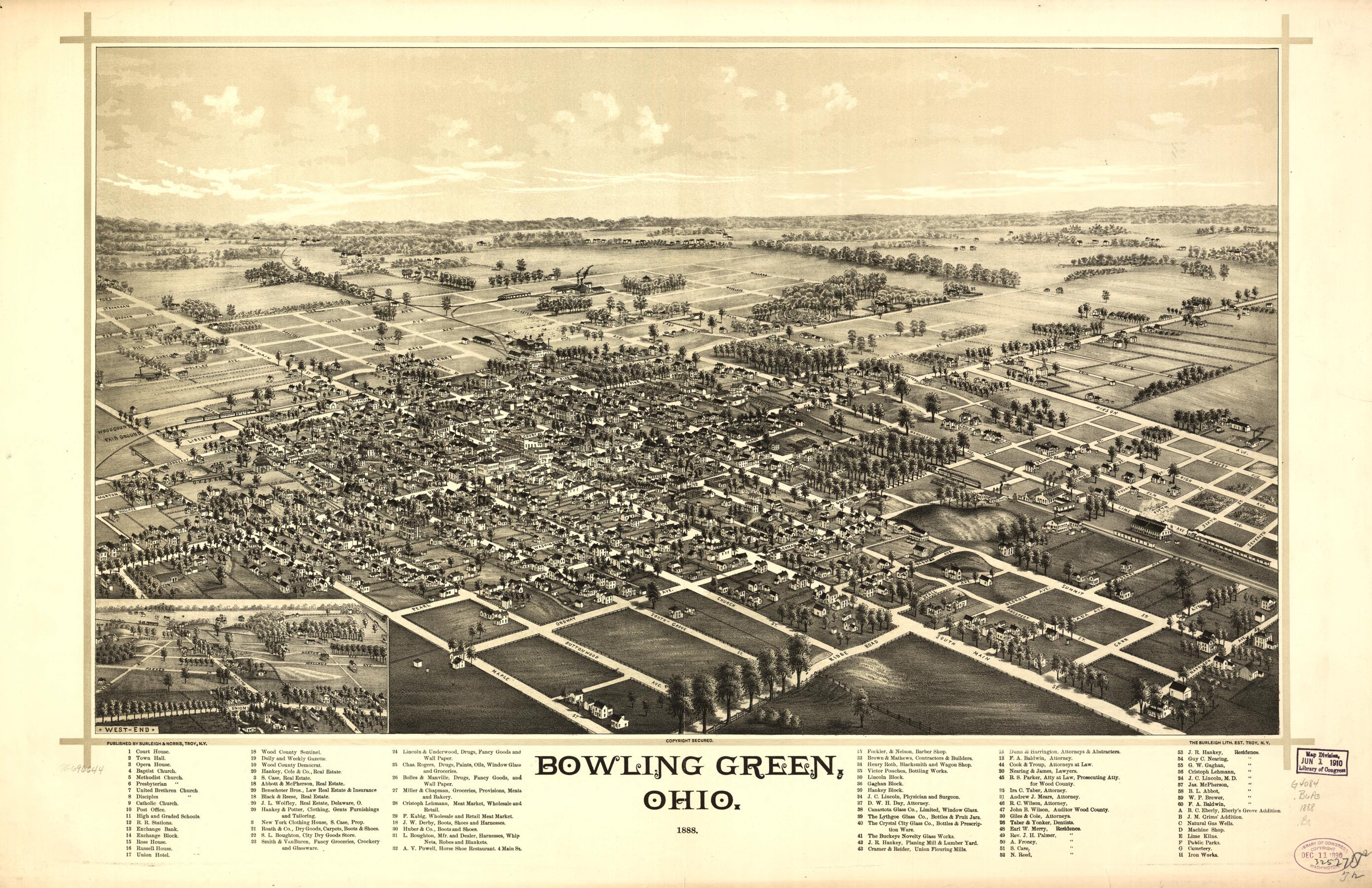 This old map of Bowling Green, Ohio from 1888 was created by Burleigh & Norris, Burleigh Litho in 1888