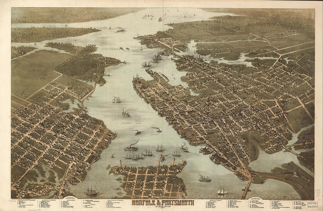 This old map of Norfolk & Portsmouth, Virginia from 1873 was created by C. N. Drie in 1873