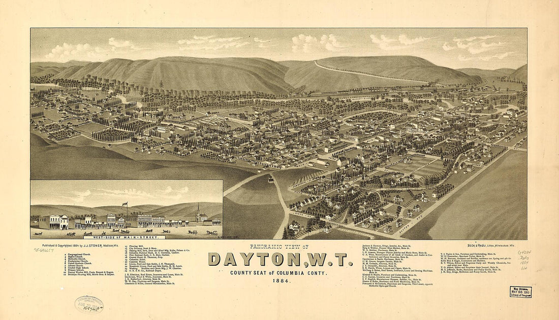 This old map of Panoramic View of Dayton, W.T., County Seat of Columbia County from 1884 was created by Beck & Pauli, J. J. Stoner, H. (Henry) Wellge in 1884