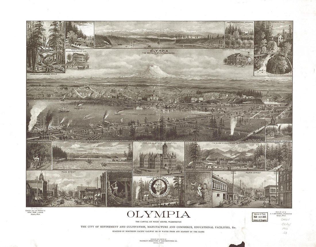 This old map of Olympia, the Capital On Puget Sound, Washington from 1903 was created by Franklin Engraving & Electrotyping Co, Edward Lange in 1903