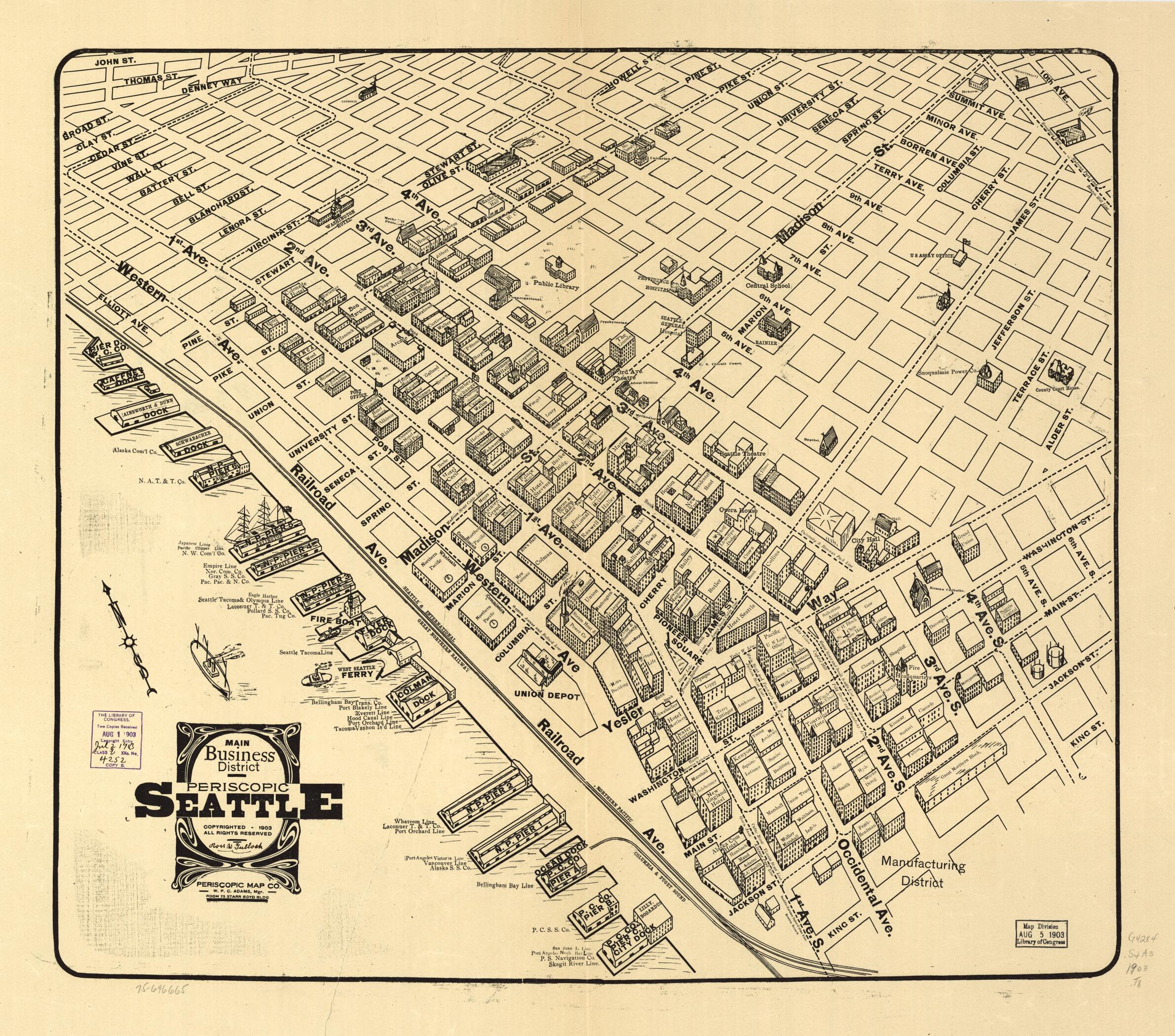 This old map of Main Business District Periscopic Seattle from 1903 was created by Periscopic Map Co, Ross W. Tulloch in 1903