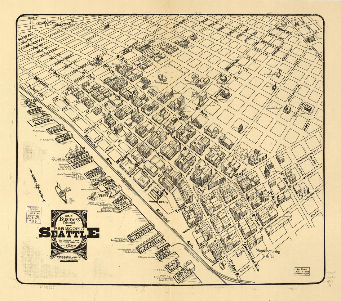 This old map of Main Business District Periscopic Seattle from 1903 was created by Periscopic Map Co, Ross W. Tulloch in 1903