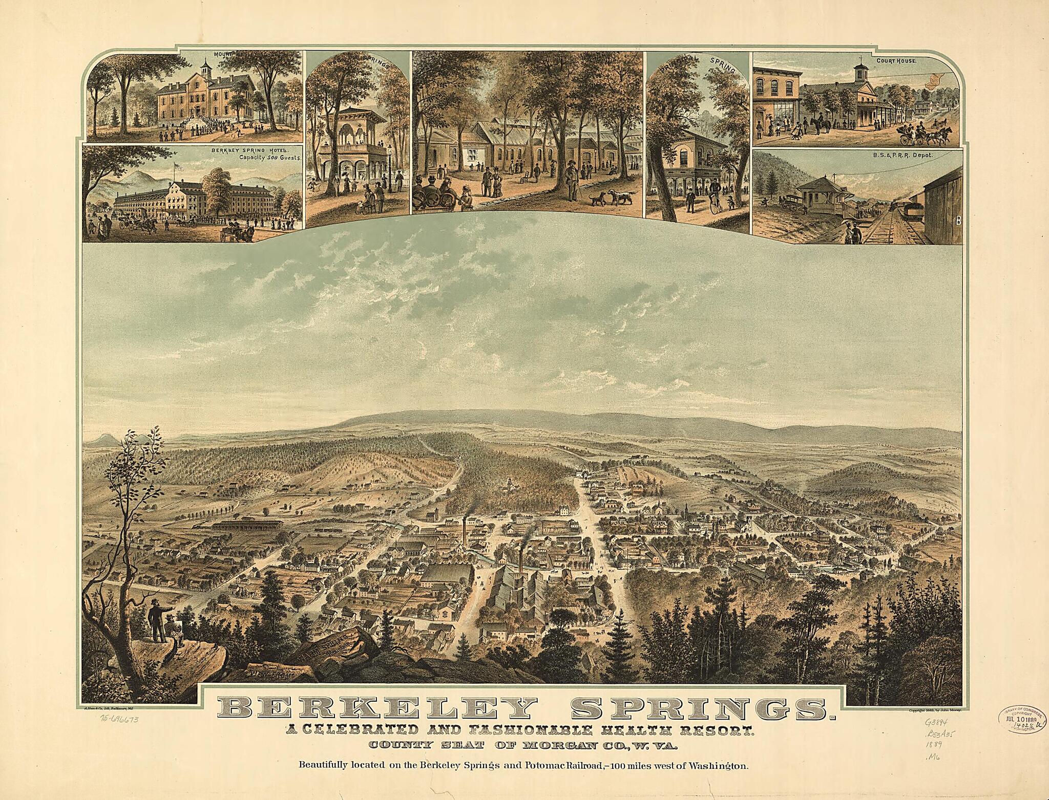 This old map of Berkeley Springs, a Celebrated and Fashionable Health Resort, County Seat of Morgan County, W.Va from 1889 was created by A. Hoen & Co, John Moray in 1889