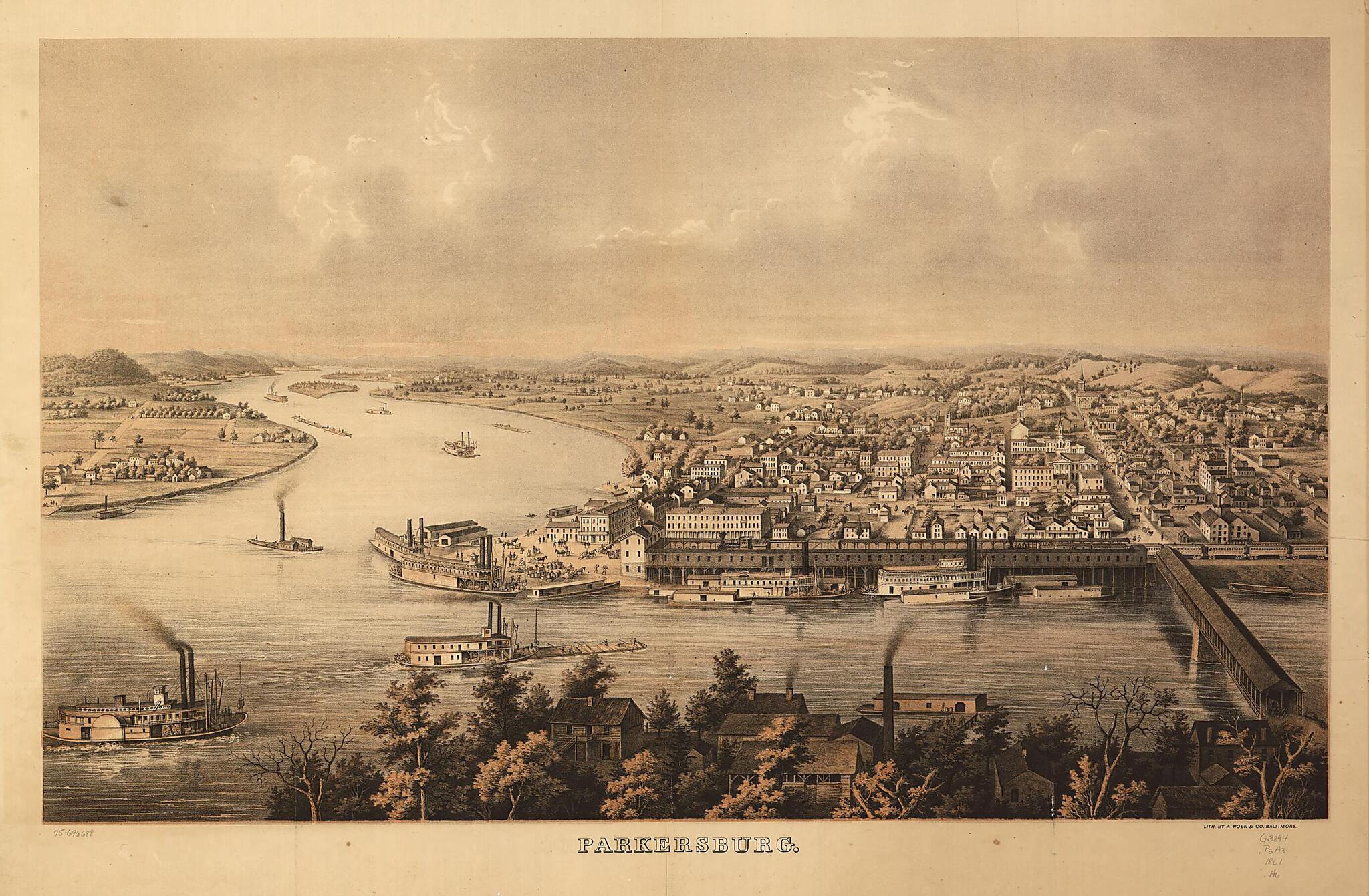 This old map of Parkersburg from 1861 was created by A. Hoen & Co in 1861
