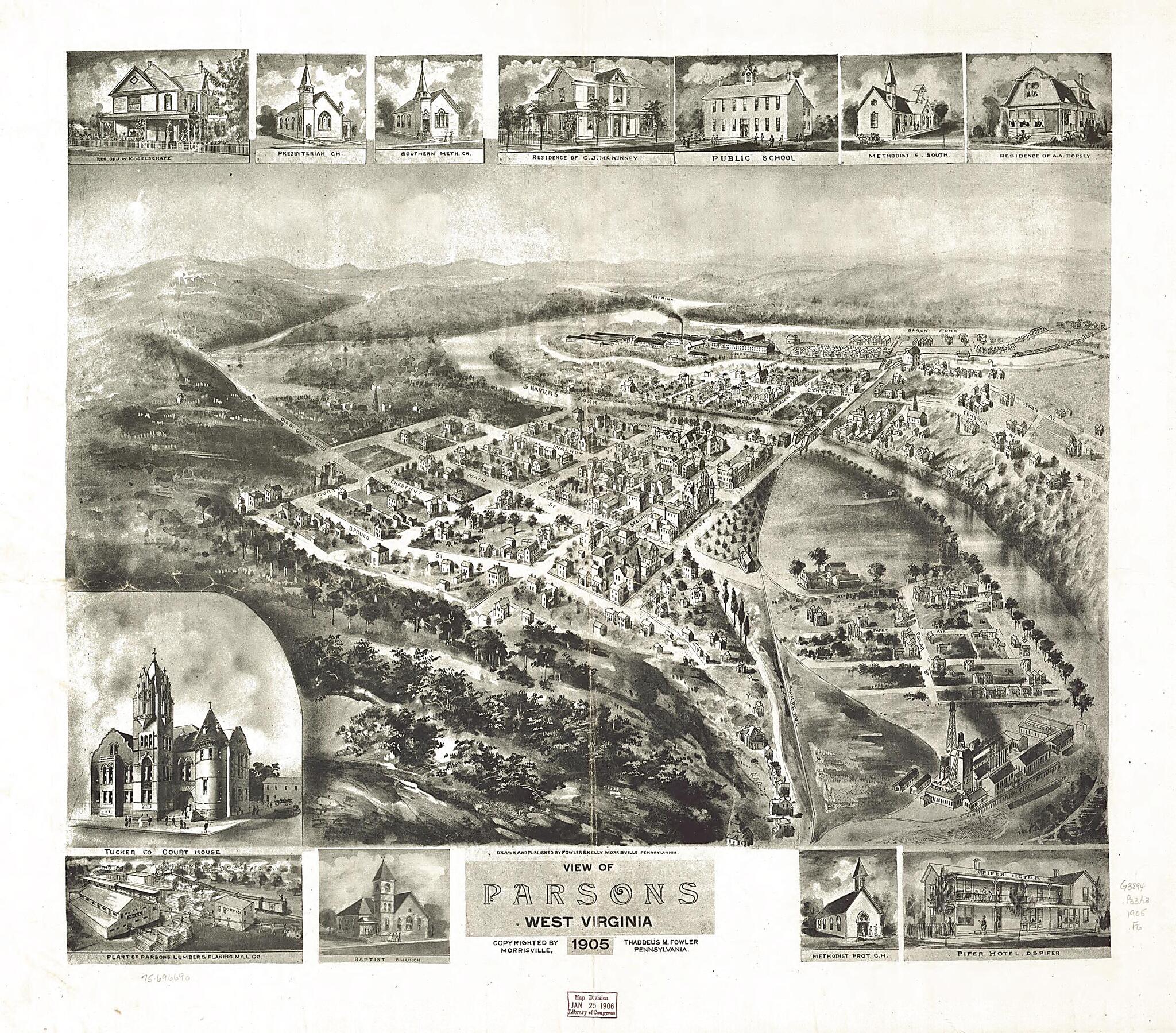 This old map of View of Parsons, West Virginia from 1905 was created by Fowler & Kelly, T. M. (Thaddeus Mortimer) Fowler in 1905